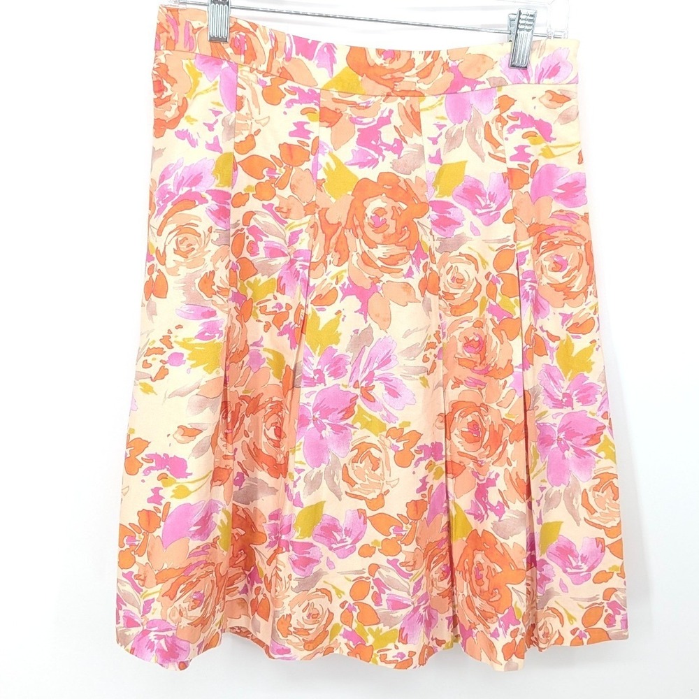 Garnet Hill Skirt Women 2 Pink Orange Floral Pleated Cotton A Line Bright Resort